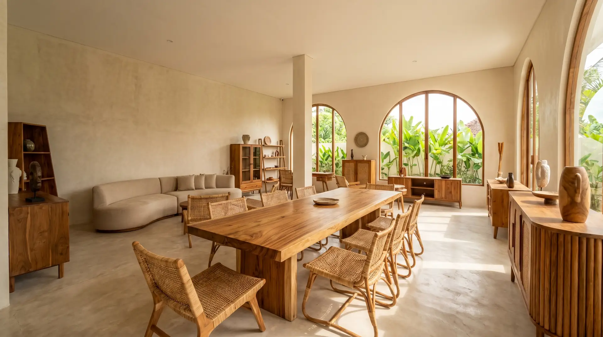 Handcrafted teak dining table and chairs in a Bali furniture workshop
