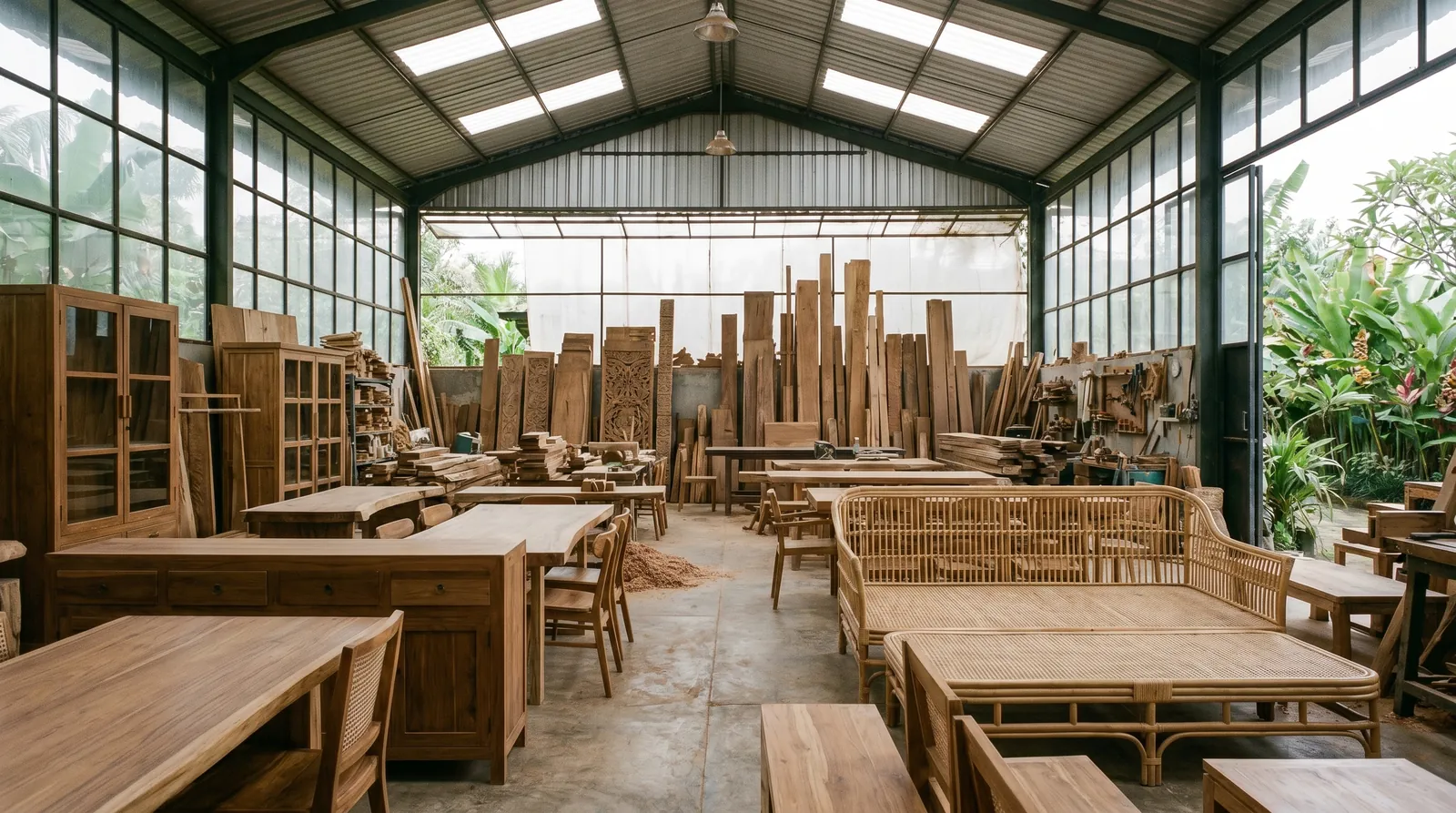 Bali furniture workshop with craftsmen shaping teak for a custom order